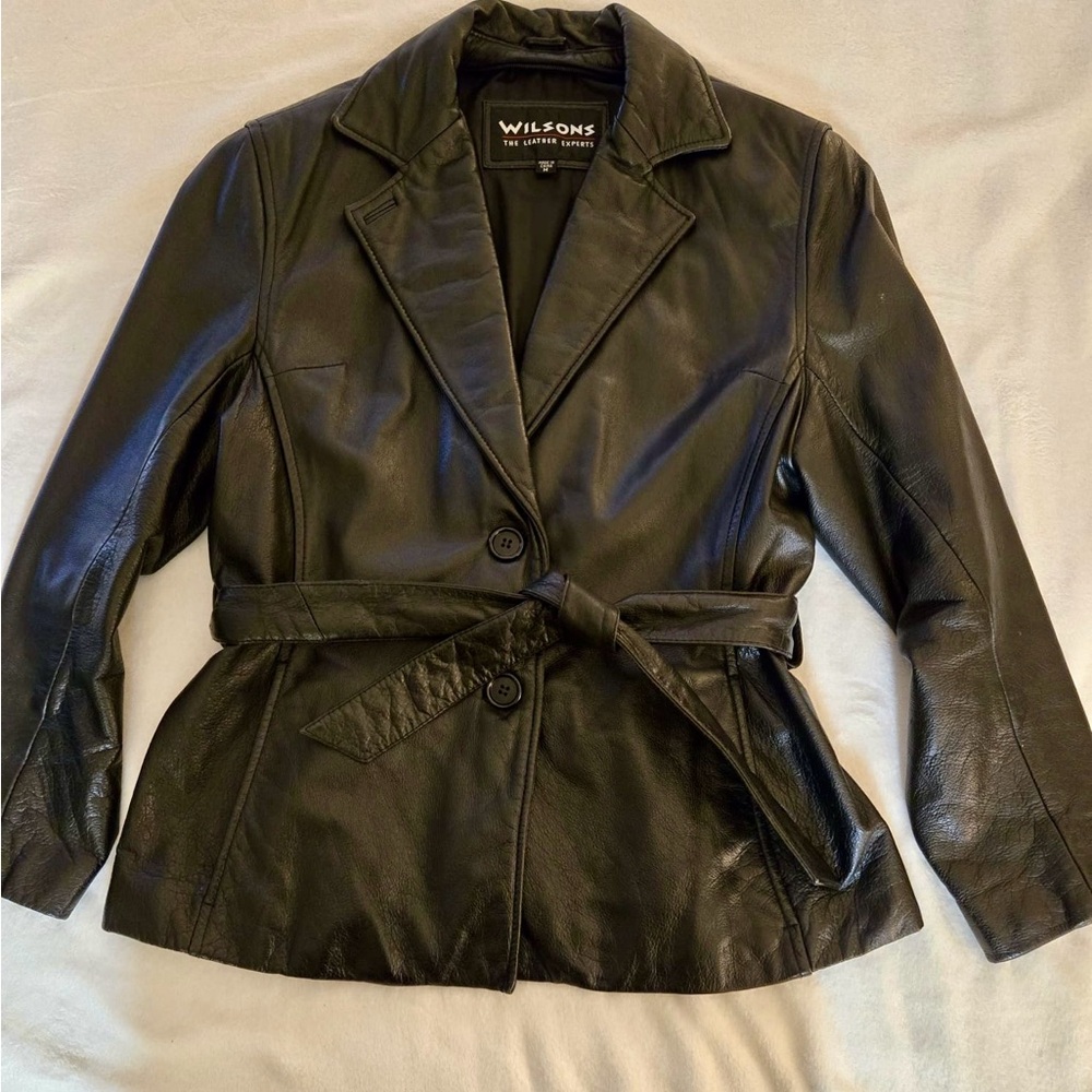 Wilson Black Leather Jacket with Notched Lapel and Belt